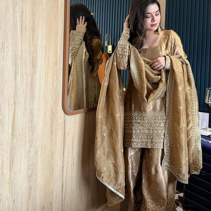 Keyara Beige Satin Embroidered Kurti Sharara Suit Set