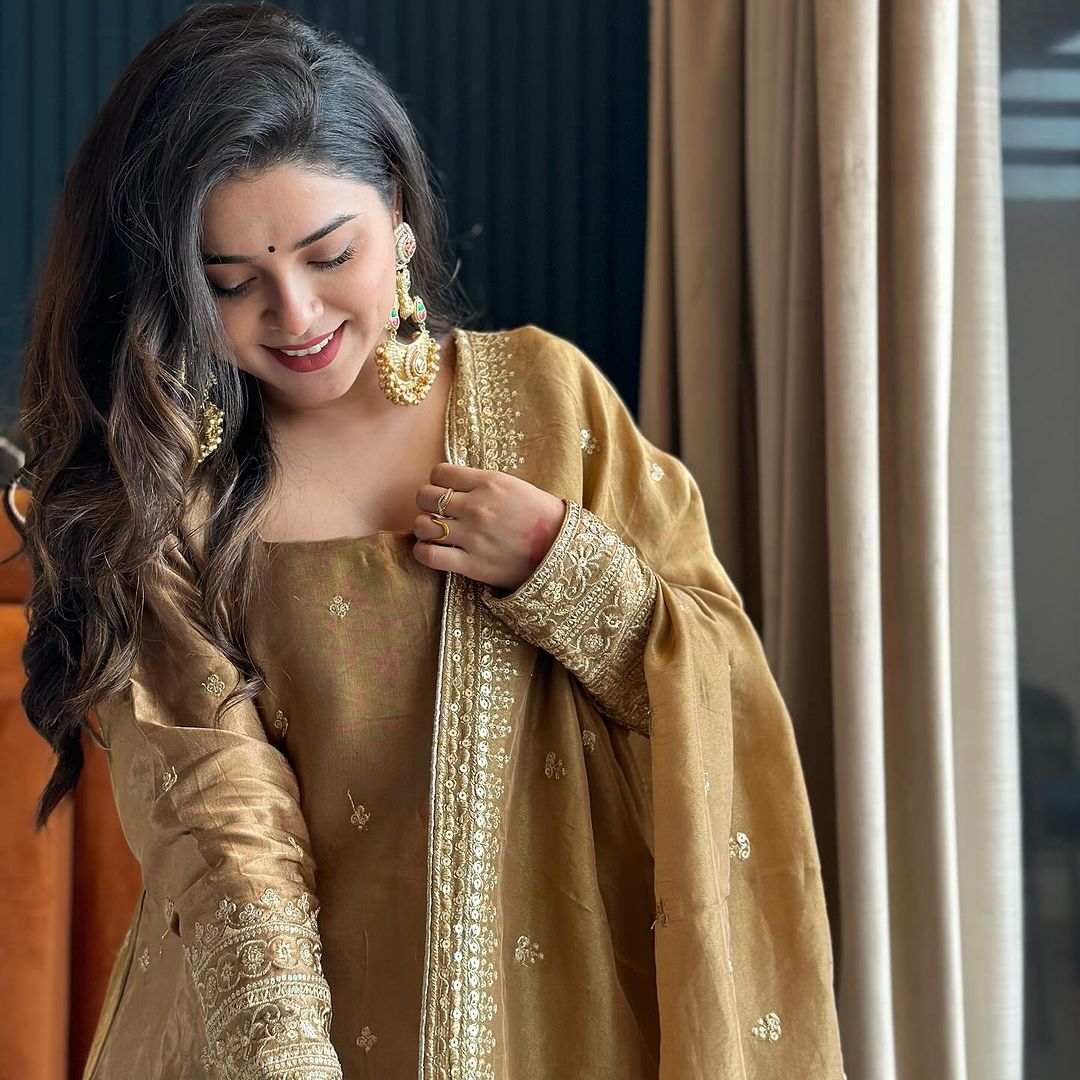 Keyara Beige Satin Embroidered Kurti Sharara Suit Set