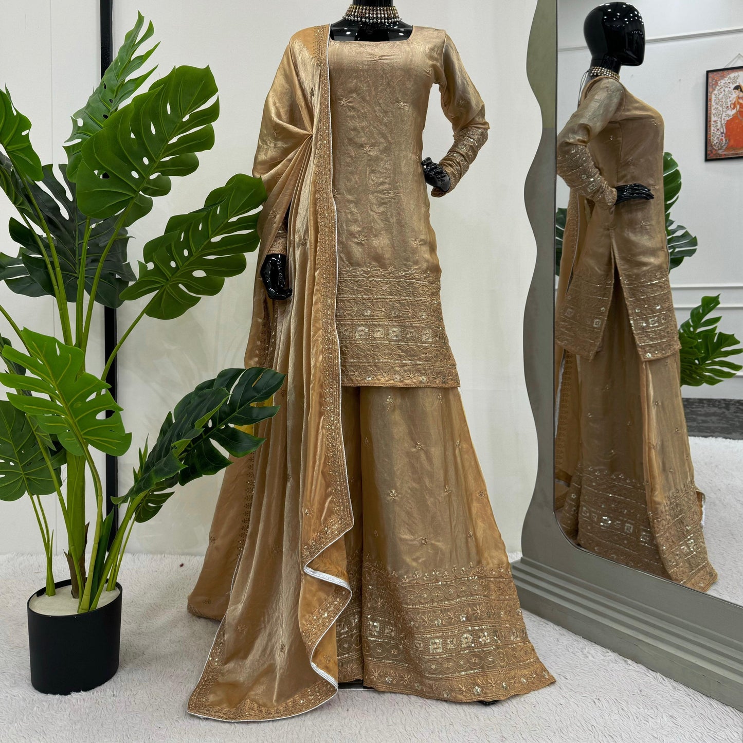 Keyara Beige Satin Embroidered Kurti Sharara Suit Set