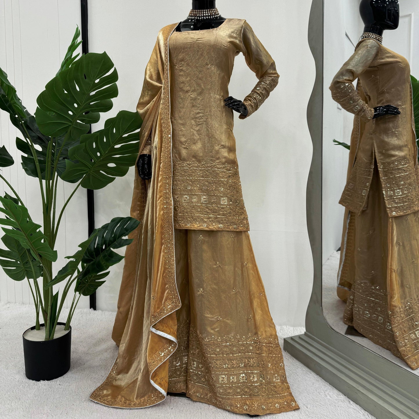 Keyara Beige Satin Embroidered Kurti Sharara Suit Set