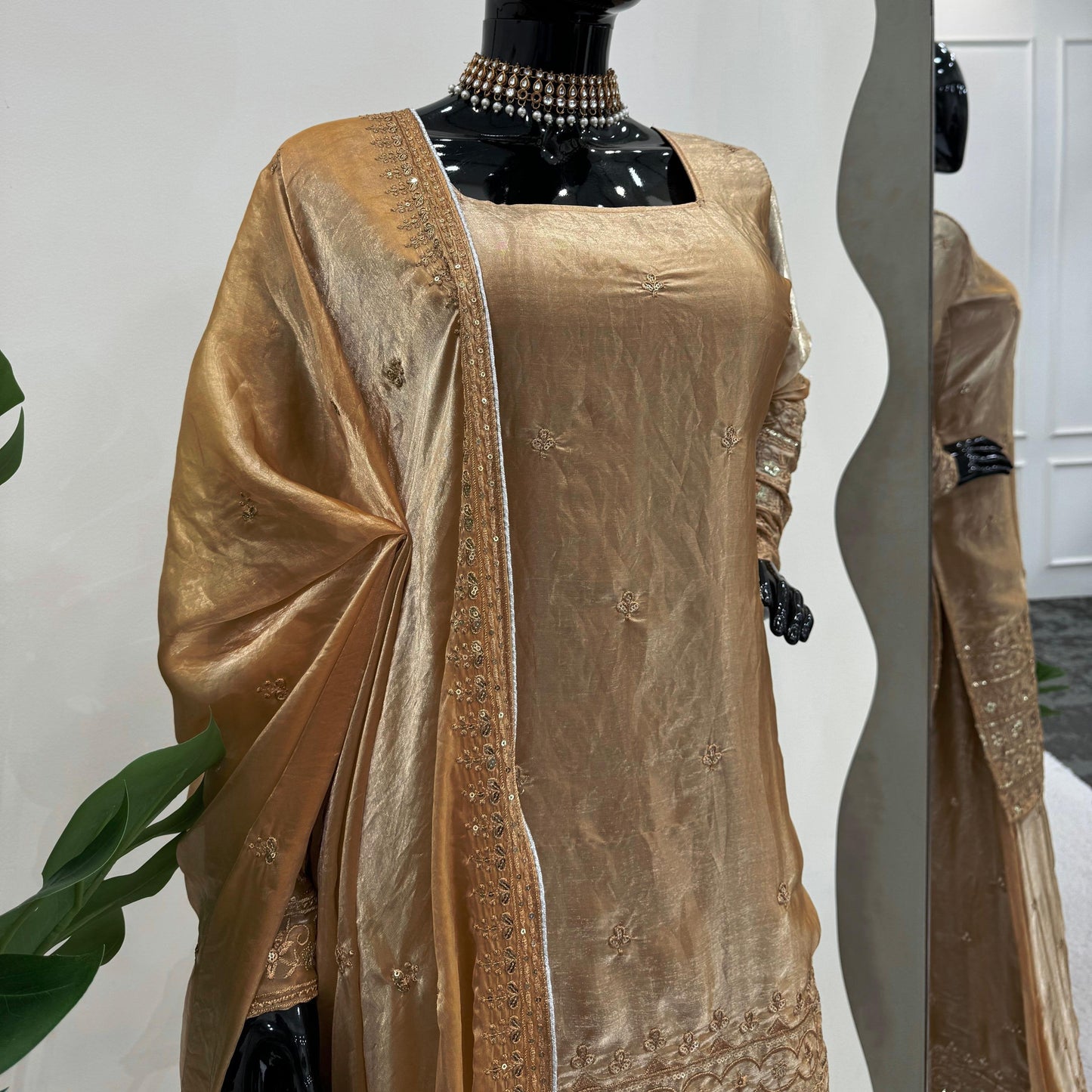 Keyara Beige Satin Embroidered Kurti Sharara Suit Set