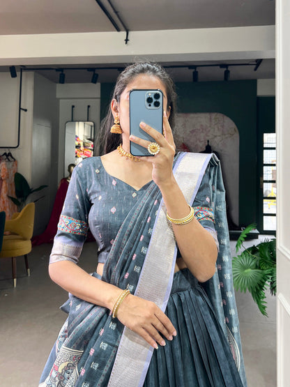 Grey Color Kalamkari Print With Weaving Border Dola Silk Lehenga Choli