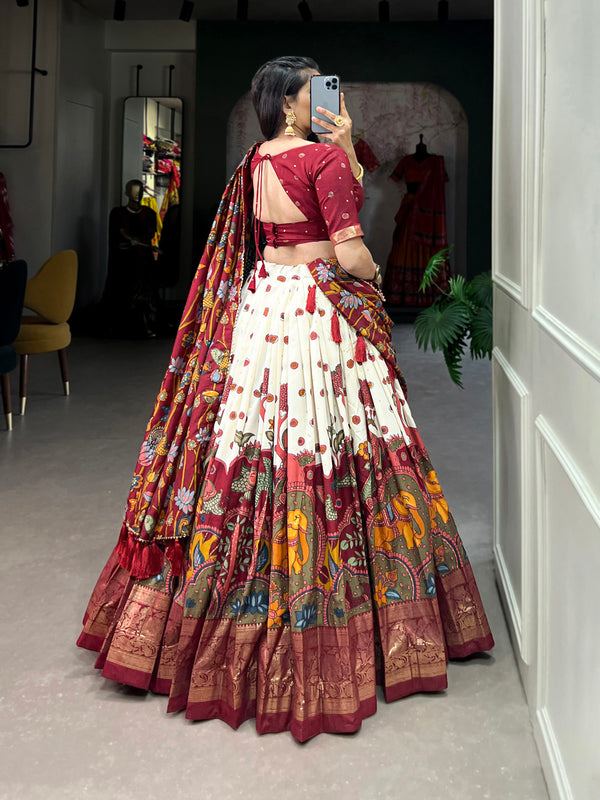 Off White Color Kalamkari Print With Foil Work Tussar Silk Lehenga Choli