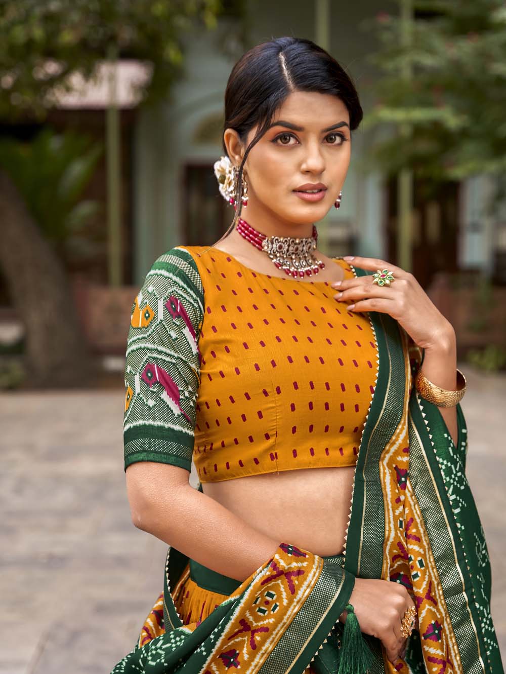 Mustard Color Patola Print With Foil Work Tussar Silk Lehenga Choli