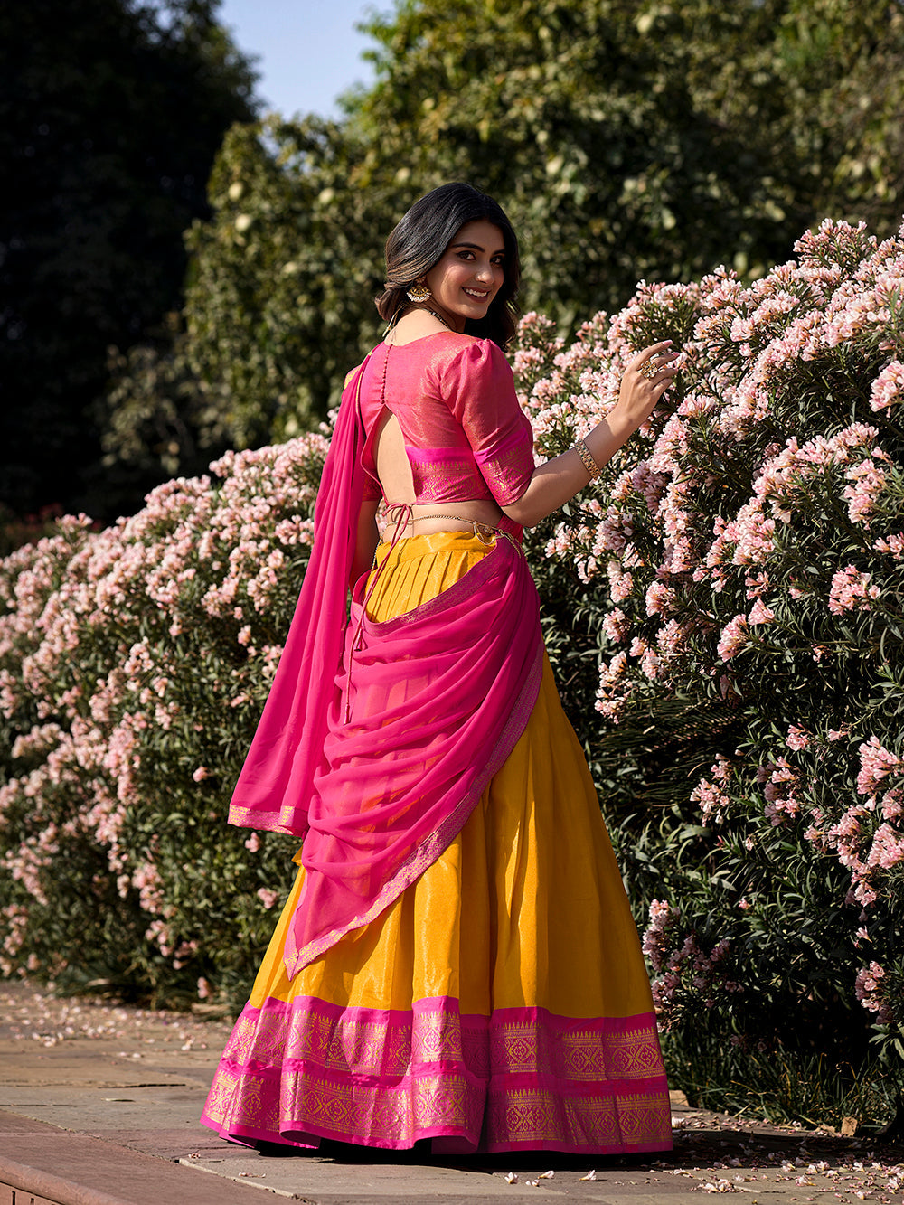 Mustard Color Zari Weaving Work Kanchipuram South Indian Half Saree Lehenga Choli