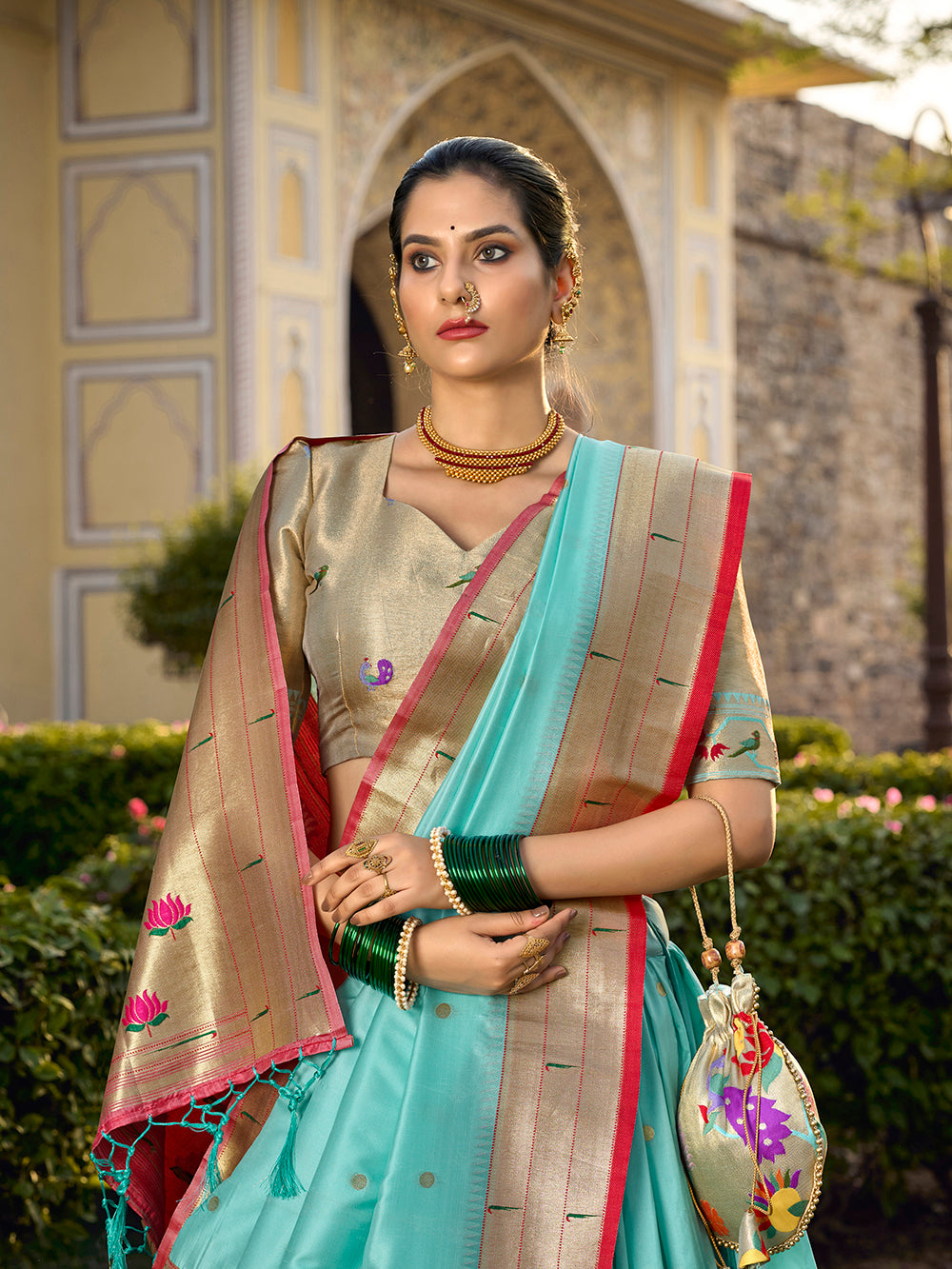 Sky Blue Color Jacquard Silk Paithani Weaving Zari Work Marathi Lehenga Choli