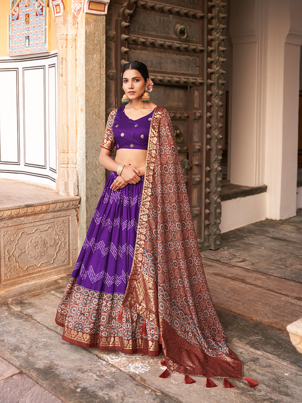 Purple Color Dot And Ajrakh With Foil Work Tussar Silk Lehenga Choli
