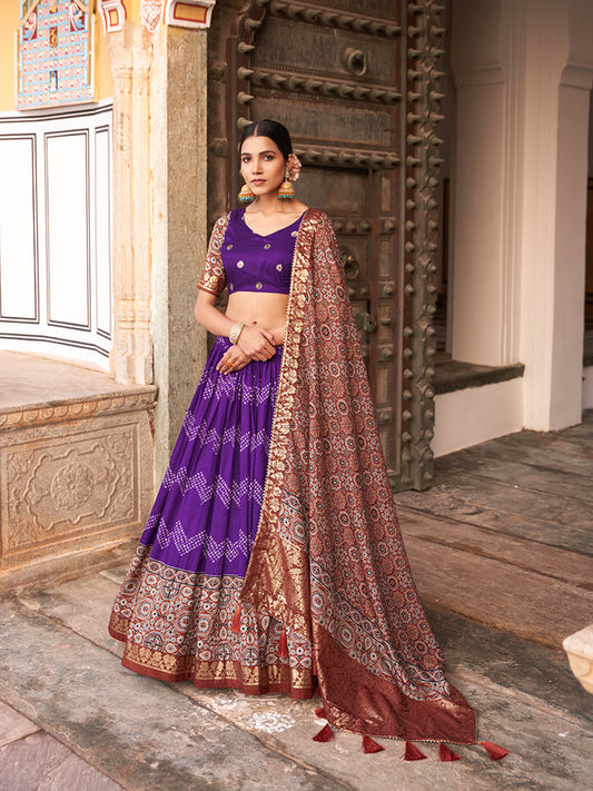 Purple Color Dot And Ajrakh With Foil Work Tussar Silk Lehenga Choli