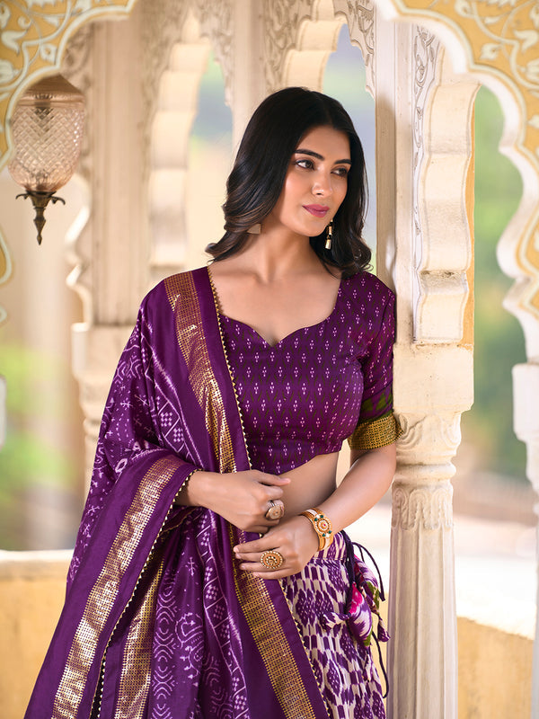 Purple Color Ikkat Print With Foil Work Tussar Silk Lehenga Choli
