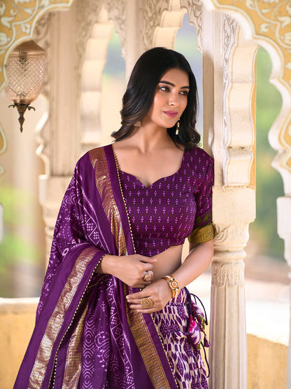 Purple Color Ikkat Print With Foil Work Tussar Silk Lehenga Choli