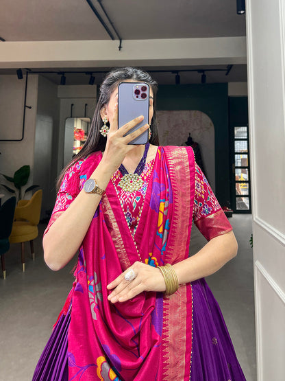 Purple Color Print With Foil Work Tussar Silk Lehenga Choli