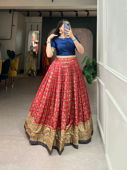 Red Color Foil Print And Embellish Stone Work Dola Silk Co-ord Set Lehenga