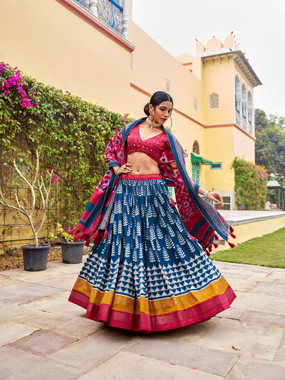 Blue Color Print With Foil Work Tussar Silk Lehenga Choli