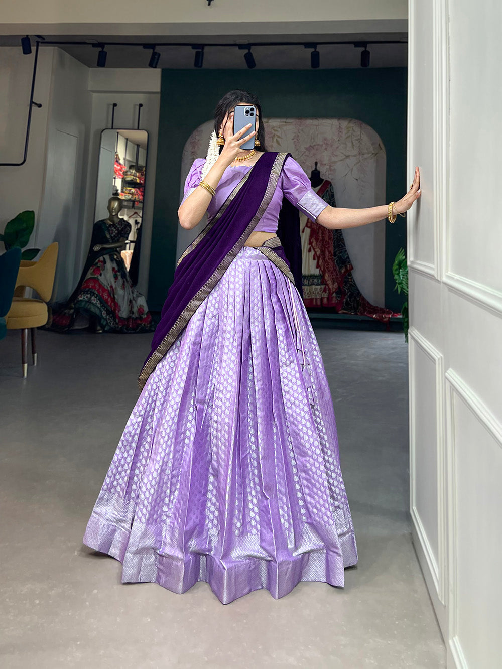 Lavender Color South Indian Weaving Work Jacquard Silk Lehenga Choli