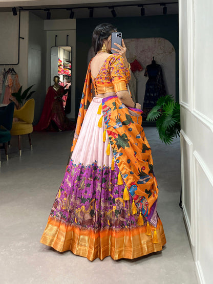 Purple Color Kalamkari Print With Weaving Work Dola Silk Lehenga Choli