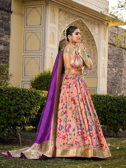Peach Color Jacquard Silk (Paithani) Weaving Zari Work South Lehenga Choli