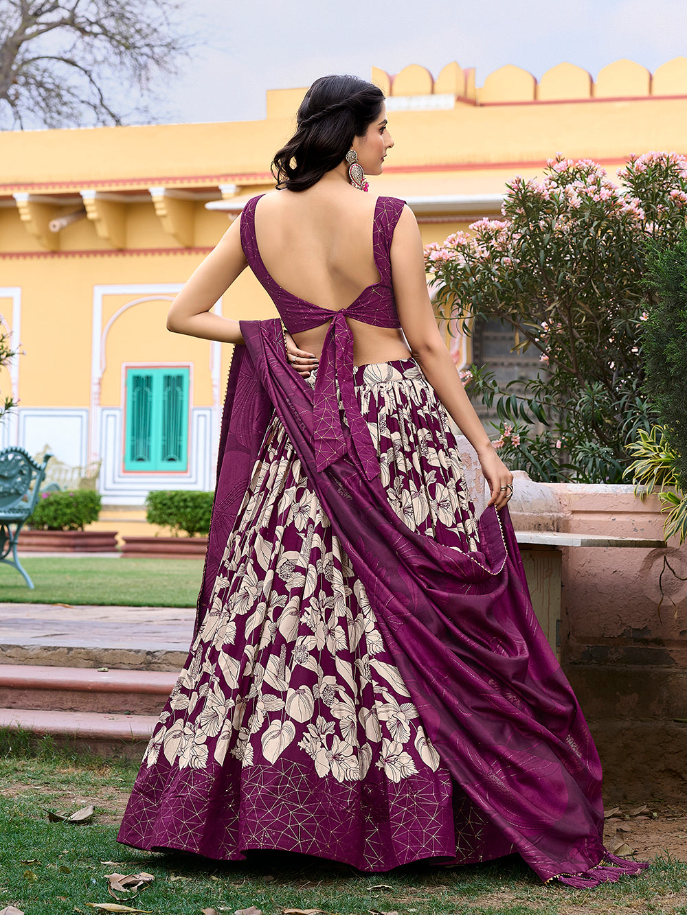 Wine Color Floral Print With Foil Work Tussar Silk Lehenga Choli