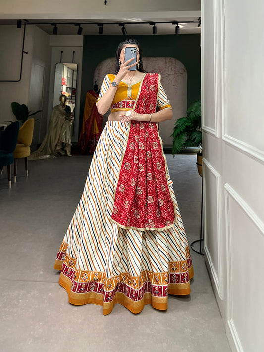 Mustard Color Laheriya With Patola Print Cotton Lehenga Choli