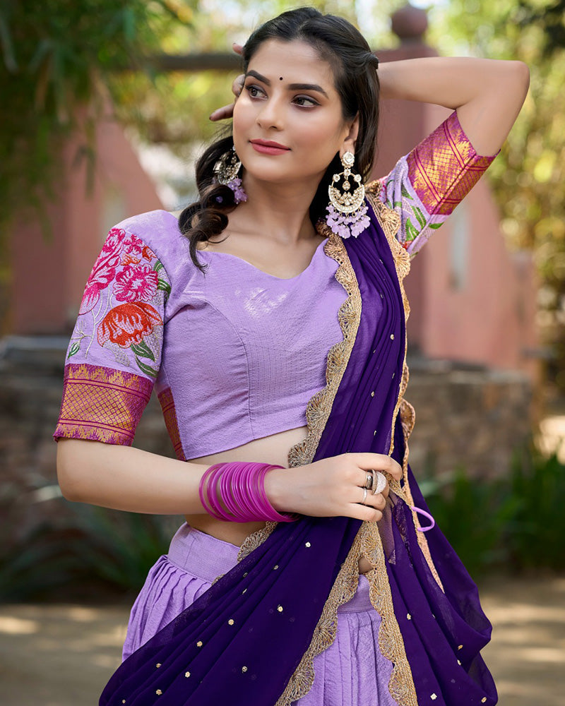 Cotton Silk Designer Lavender Half Saree Lehenga Choli