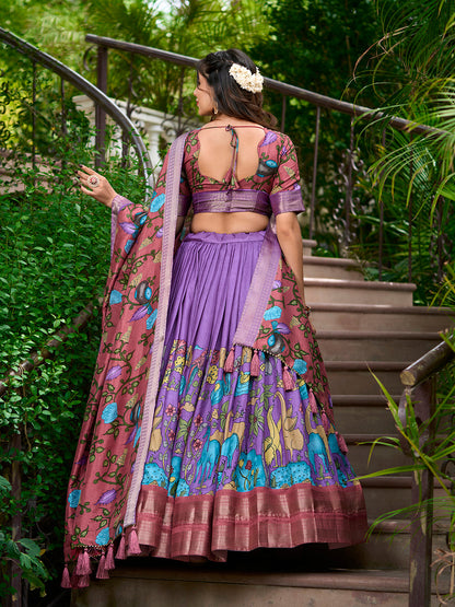 Lavender Color Kalamkari Print With Zari Weaving Dola Silk Voni Lehenga Choli