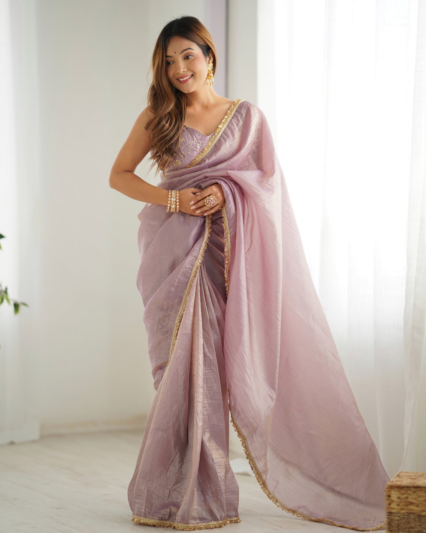 Light Dusty Mauve Color Tissue Silk Pre Draped Saree