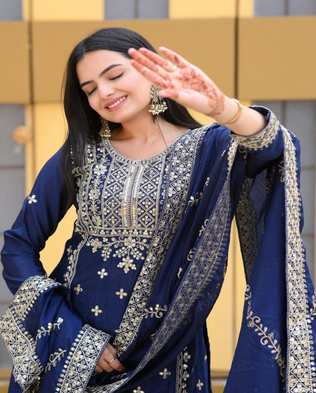 Luxuriant Navy Blue Color Chinon And Coding Embroidery With 5mm Sequence Work Designer Sharara Suit