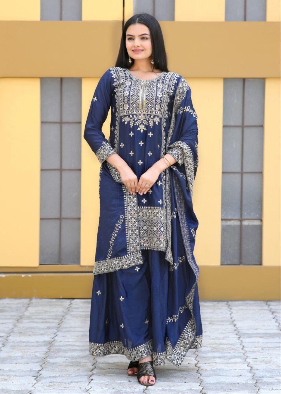 Luxuriant Navy Blue Color Chinon And Coding Embroidery With 5mm Sequence Work Designer Sharara Suit