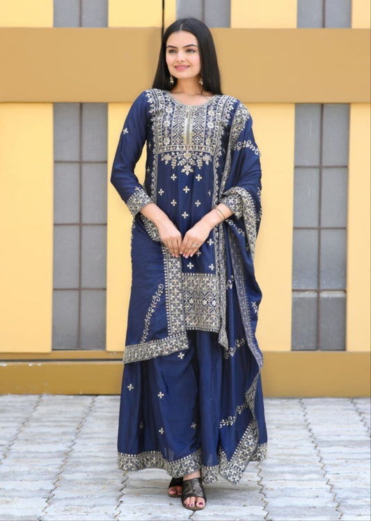 Luxuriant Navy Blue Color Chinon And Coding Embroidery With 5mm Sequence Work Designer Sharara Suit