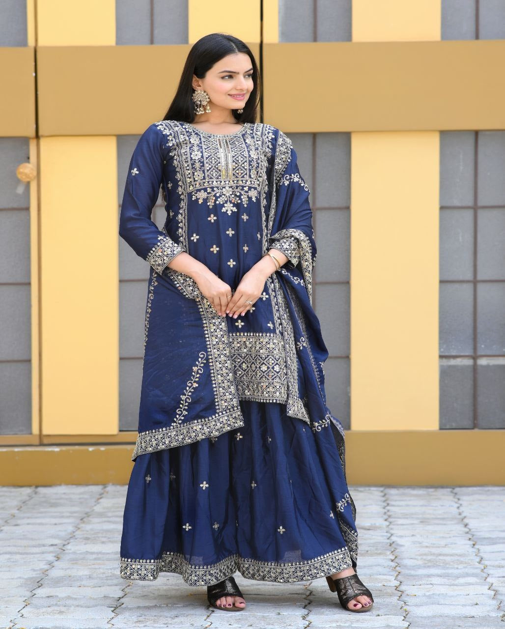 Luxuriant Navy Blue Color Chinon And Coding Embroidery With 5mm Sequence Work Designer Sharara Suit