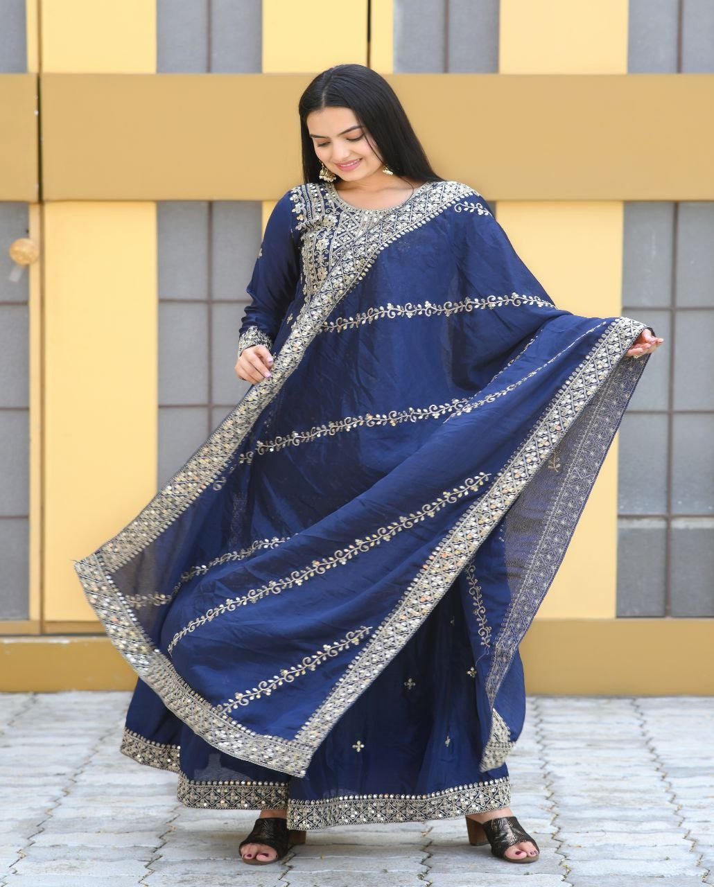 Luxuriant Navy Blue Color Chinon And Coding Embroidery With 5mm Sequence Work Designer Sharara Suit