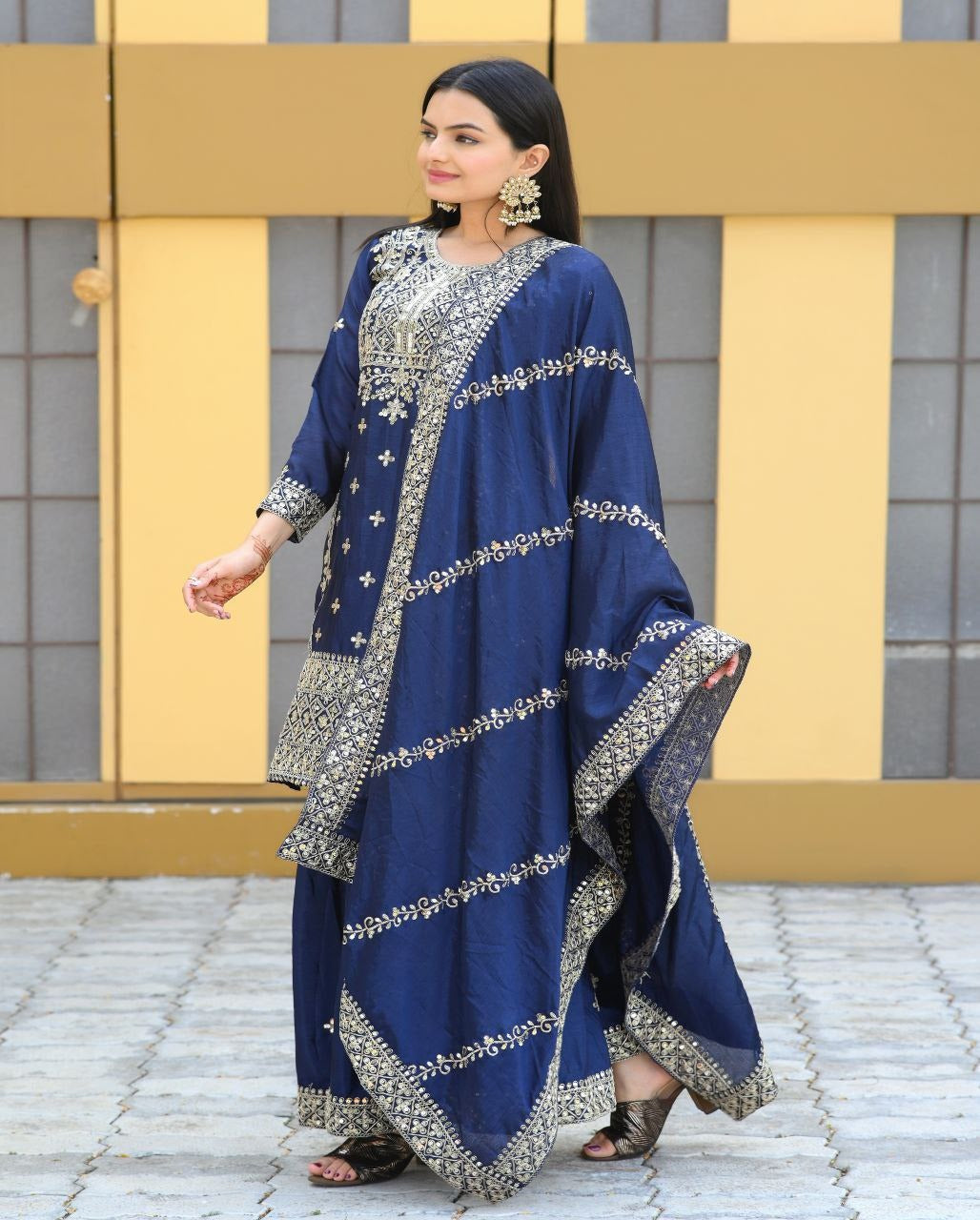 Luxuriant Navy Blue Color Chinon And Coding Embroidery With 5mm Sequence Work Designer Sharara Suit