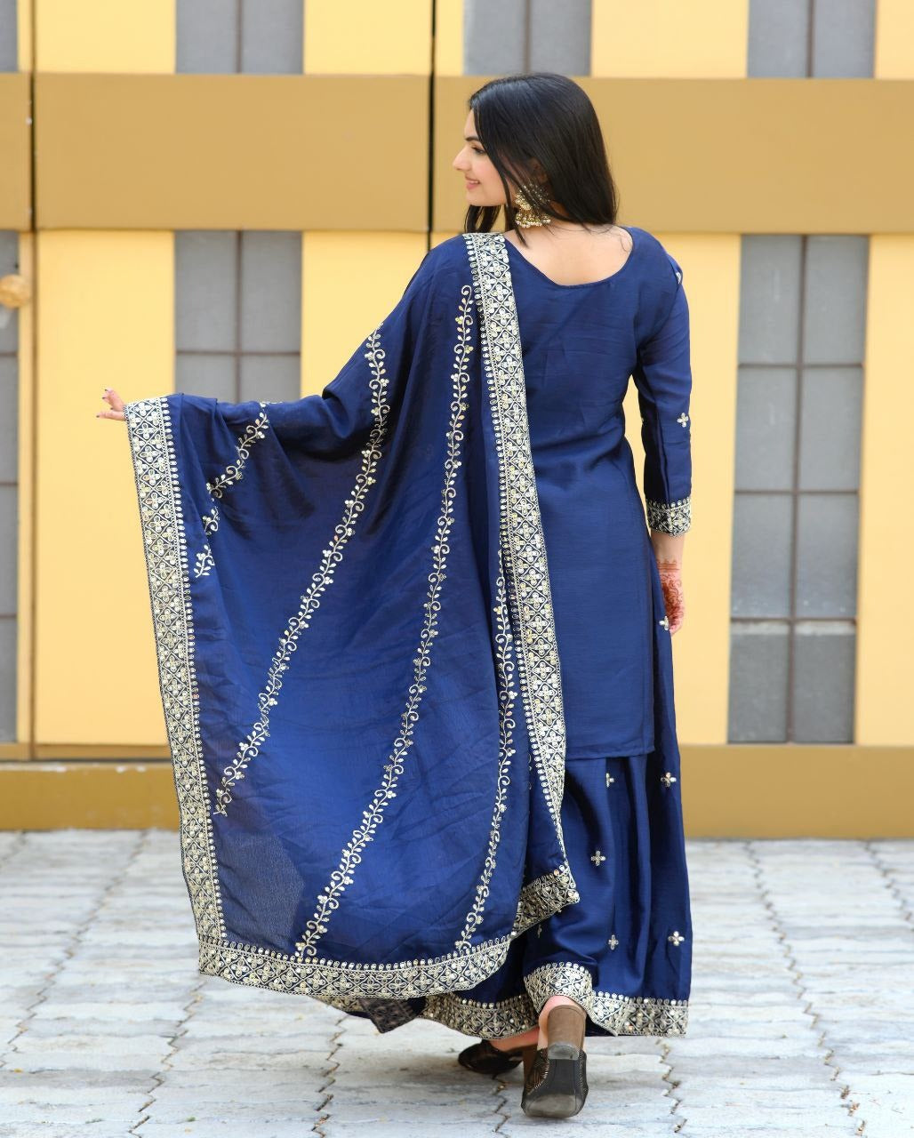 Luxuriant Navy Blue Color Chinon And Coding Embroidery With 5mm Sequence Work Designer Sharara Suit