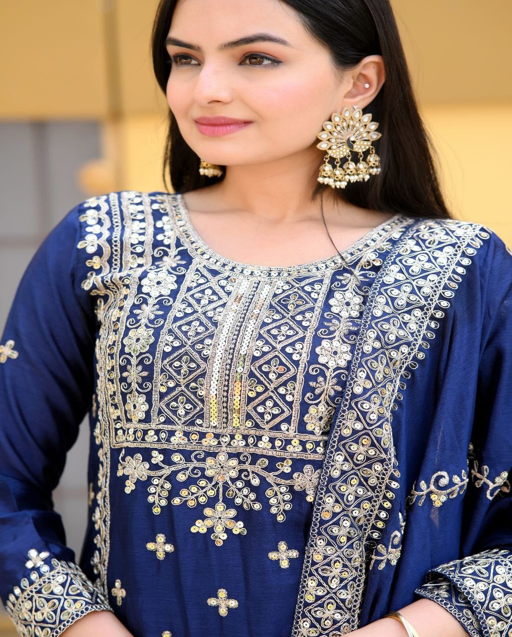 Luxuriant Navy Blue Color Chinon And Coding Embroidery With 5mm Sequence Work Designer Sharara Suit