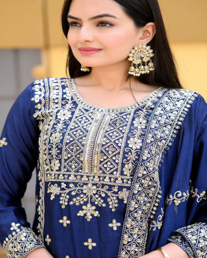 Luxuriant Navy Blue Color Chinon And Coding Embroidery With 5mm Sequence Work Designer Sharara Suit