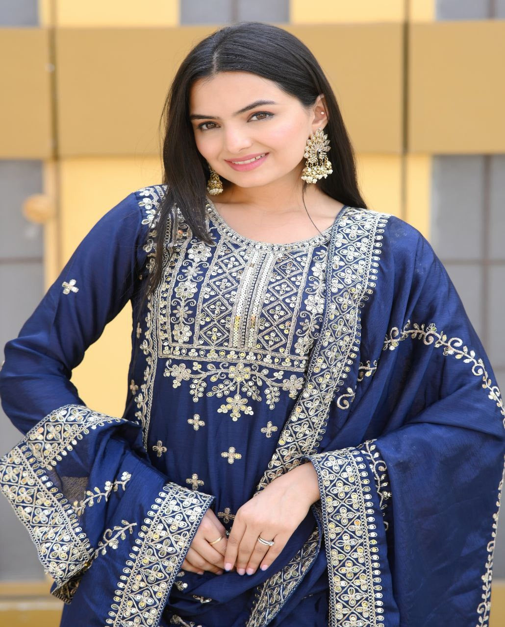 Luxuriant Navy Blue Color Chinon And Coding Embroidery With 5mm Sequence Work Designer Sharara Suit