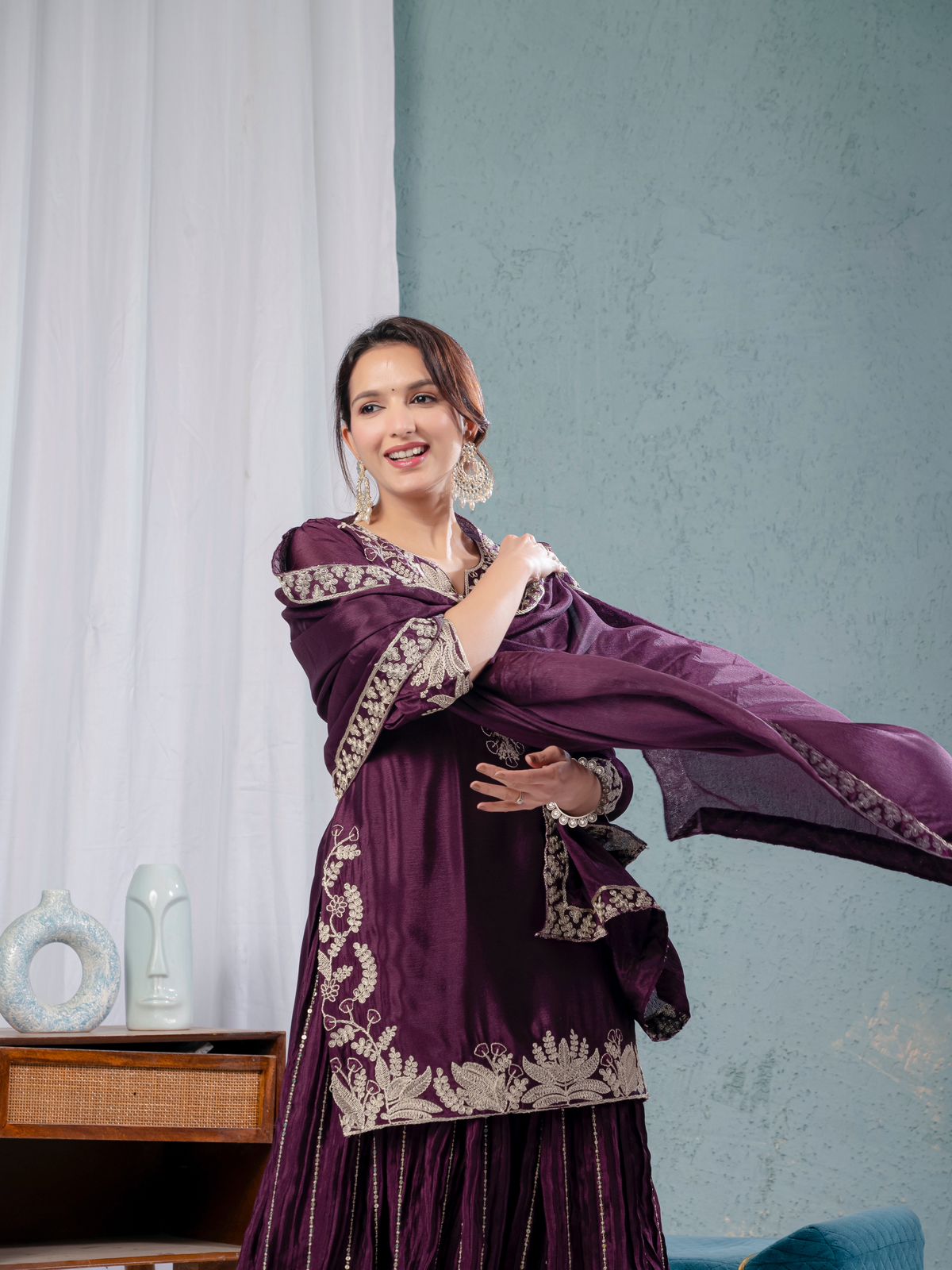 Luxuriant Purple Color Pure Heavy Chinon Silk With Heavy Embroidery Coding Sequence Work Sharara Suit