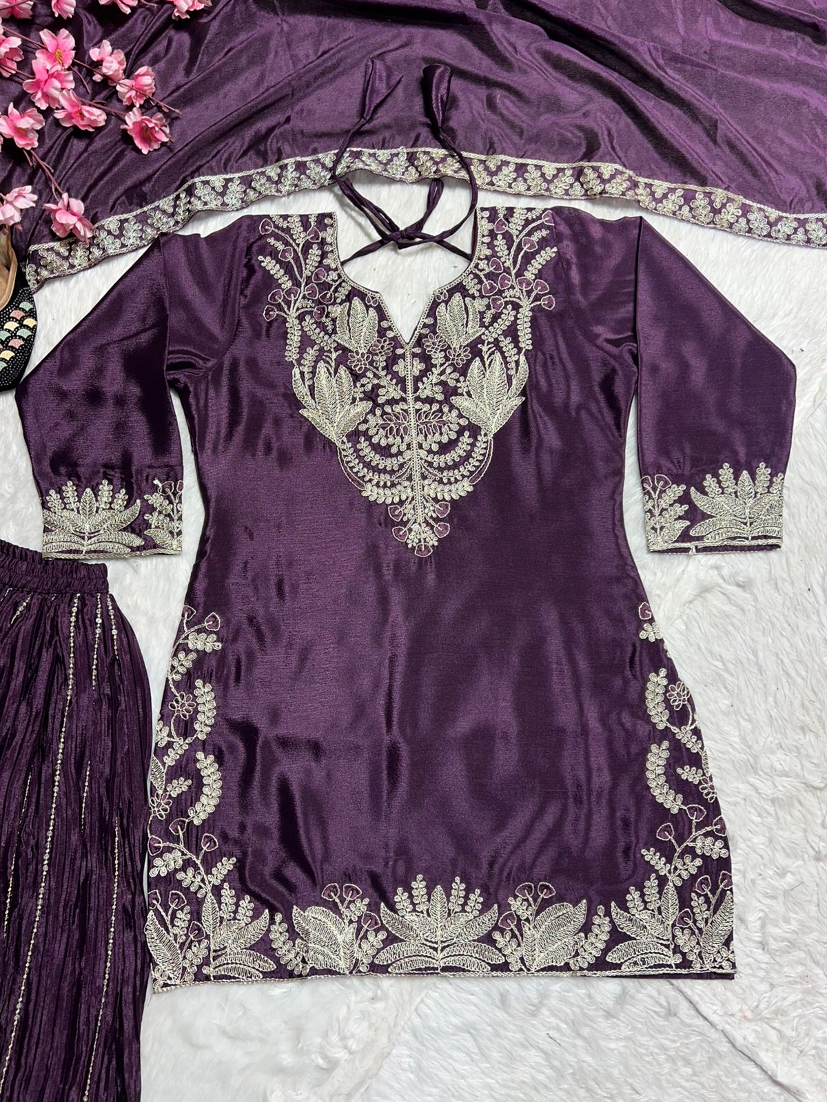 Luxuriant Purple Color Pure Heavy Chinon Silk With Heavy Embroidery Coding Sequence Work Sharara Suit