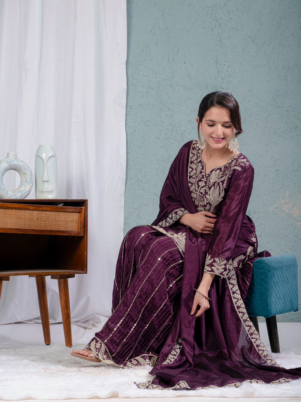 Luxuriant Purple Color Pure Heavy Chinon Silk With Heavy Embroidery Coding Sequence Work Sharara Suit