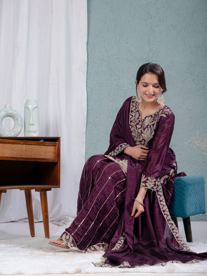 Luxuriant Purple Color Pure Heavy Chinon Silk With Heavy Embroidery Coding Sequence Work Sharara Suit