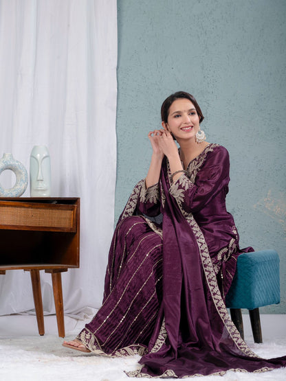 Luxuriant Purple Color Pure Heavy Chinon Silk With Heavy Embroidery Coding Sequence Work Sharara Suit