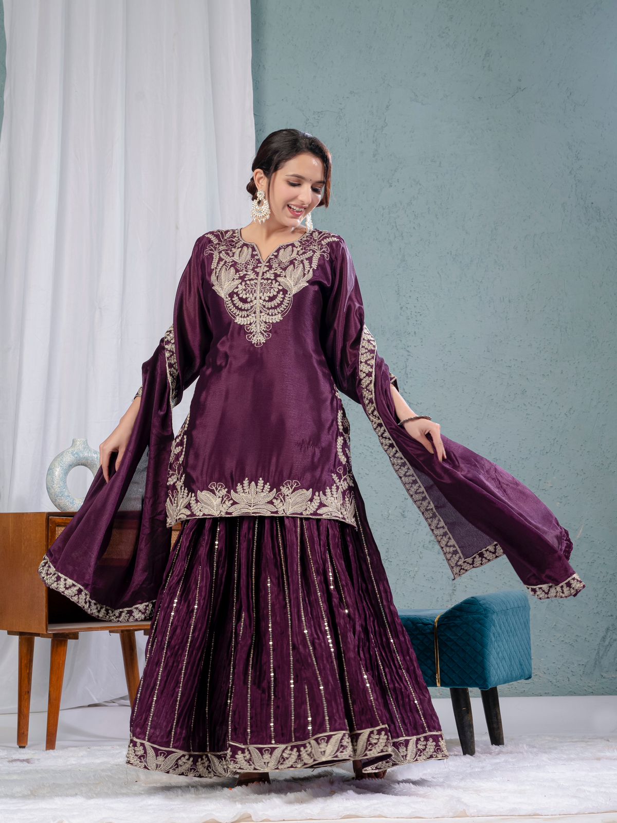 Luxuriant Purple Color Pure Heavy Chinon Silk With Heavy Embroidery Coding Sequence Work Sharara Suit