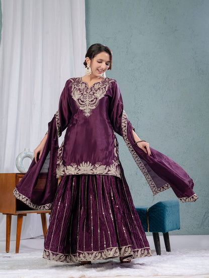 Luxuriant Purple Color Pure Heavy Chinon Silk With Heavy Embroidery Coding Sequence Work Sharara Suit