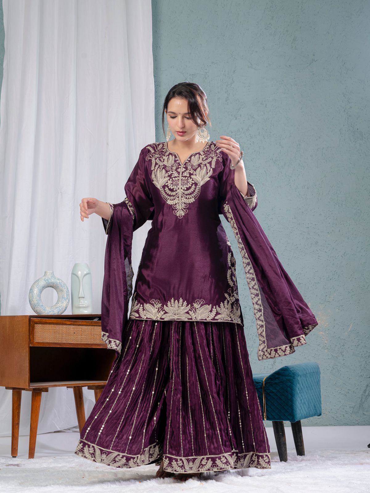 Luxuriant Purple Color Pure Heavy Chinon Silk With Heavy Embroidery Coding Sequence Work Sharara Suit