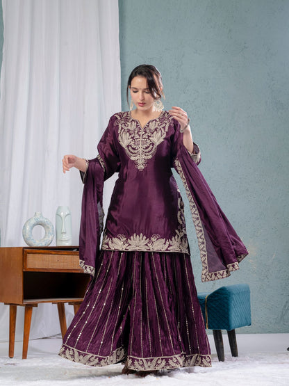 Luxuriant Purple Color Pure Heavy Chinon Silk With Heavy Embroidery Coding Sequence Work Sharara Suit