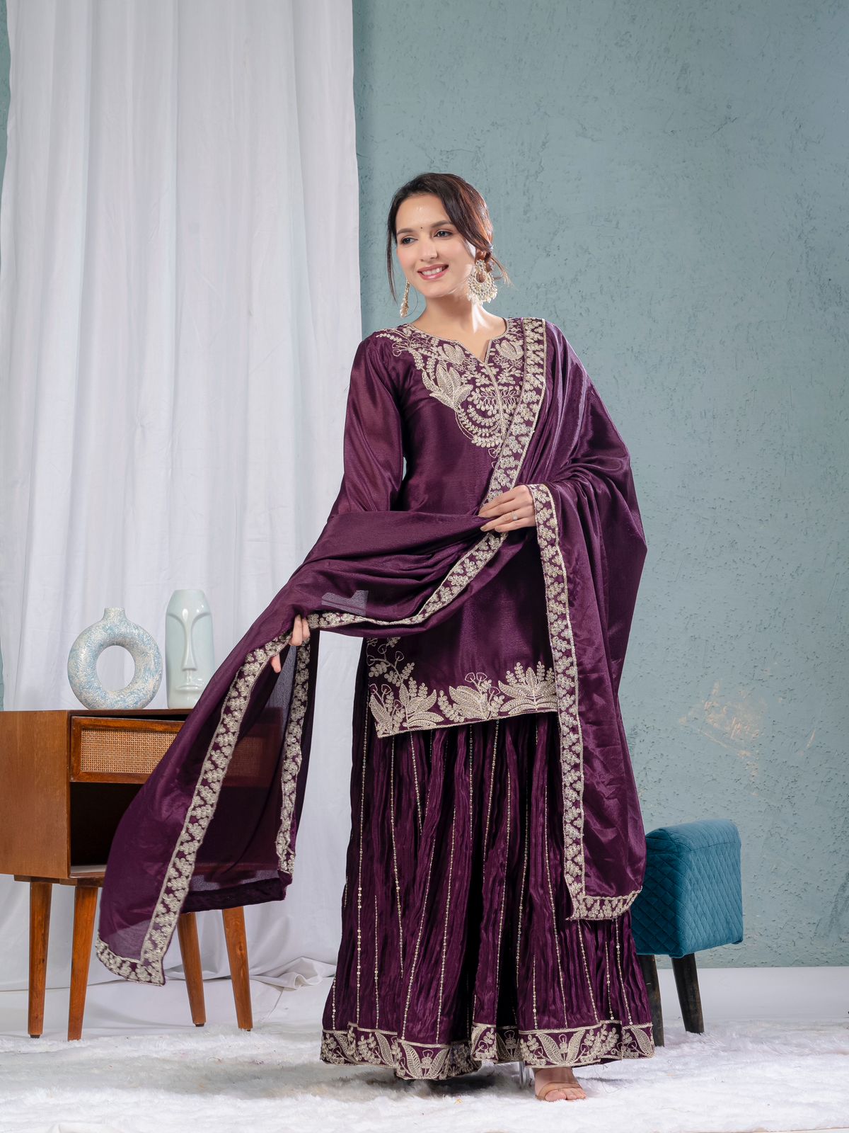 Luxuriant Purple Color Pure Heavy Chinon Silk With Heavy Embroidery Coding Sequence Work Sharara Suit