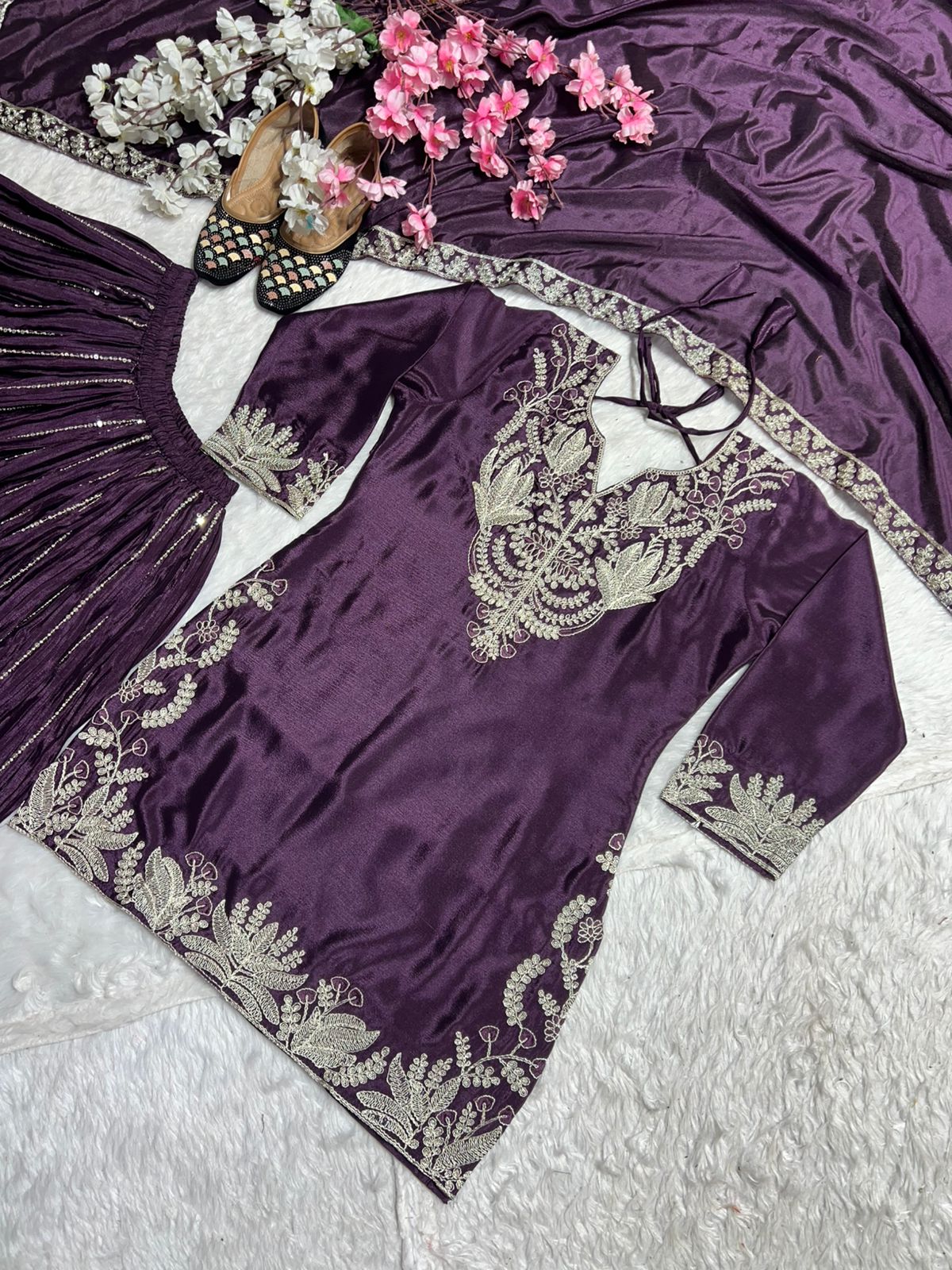 Luxuriant Purple Color Pure Heavy Chinon Silk With Heavy Embroidery Coding Sequence Work Sharara Suit