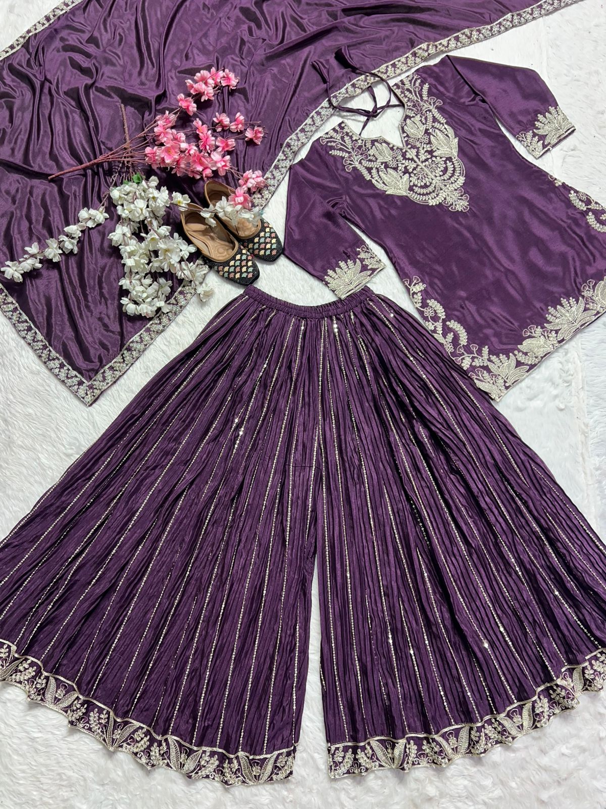 Luxuriant Purple Color Pure Heavy Chinon Silk With Heavy Embroidery Coding Sequence Work Sharara Suit