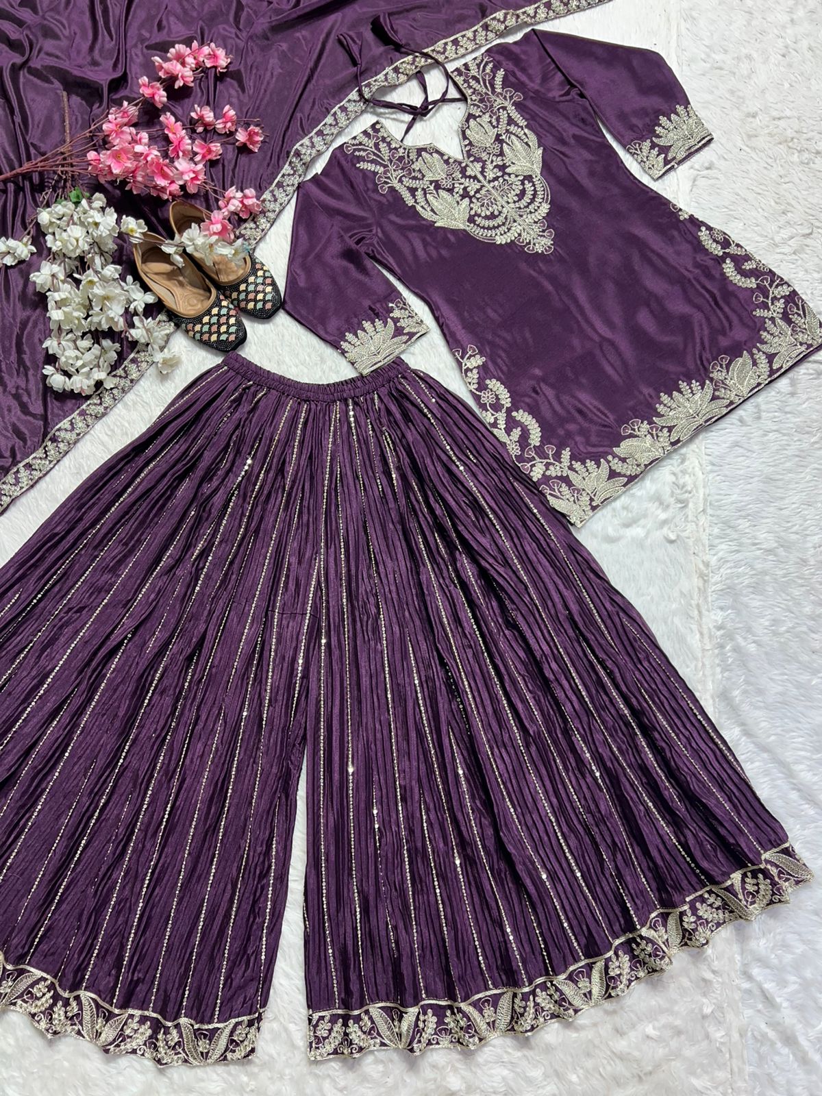Luxuriant Purple Color Pure Heavy Chinon Silk With Heavy Embroidery Coding Sequence Work Sharara Suit