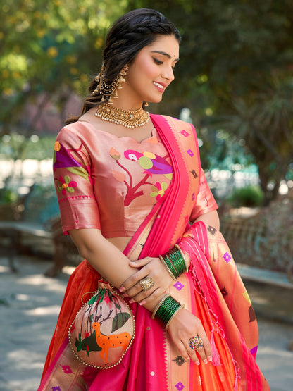 Orange Color Weaving Zari Work Jacquard Silk Lehenga Choli
