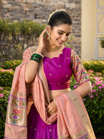 Purple Color Jacquard Silk Paithani Weaving Zari Work Wedding Wear Lehenga Choli
